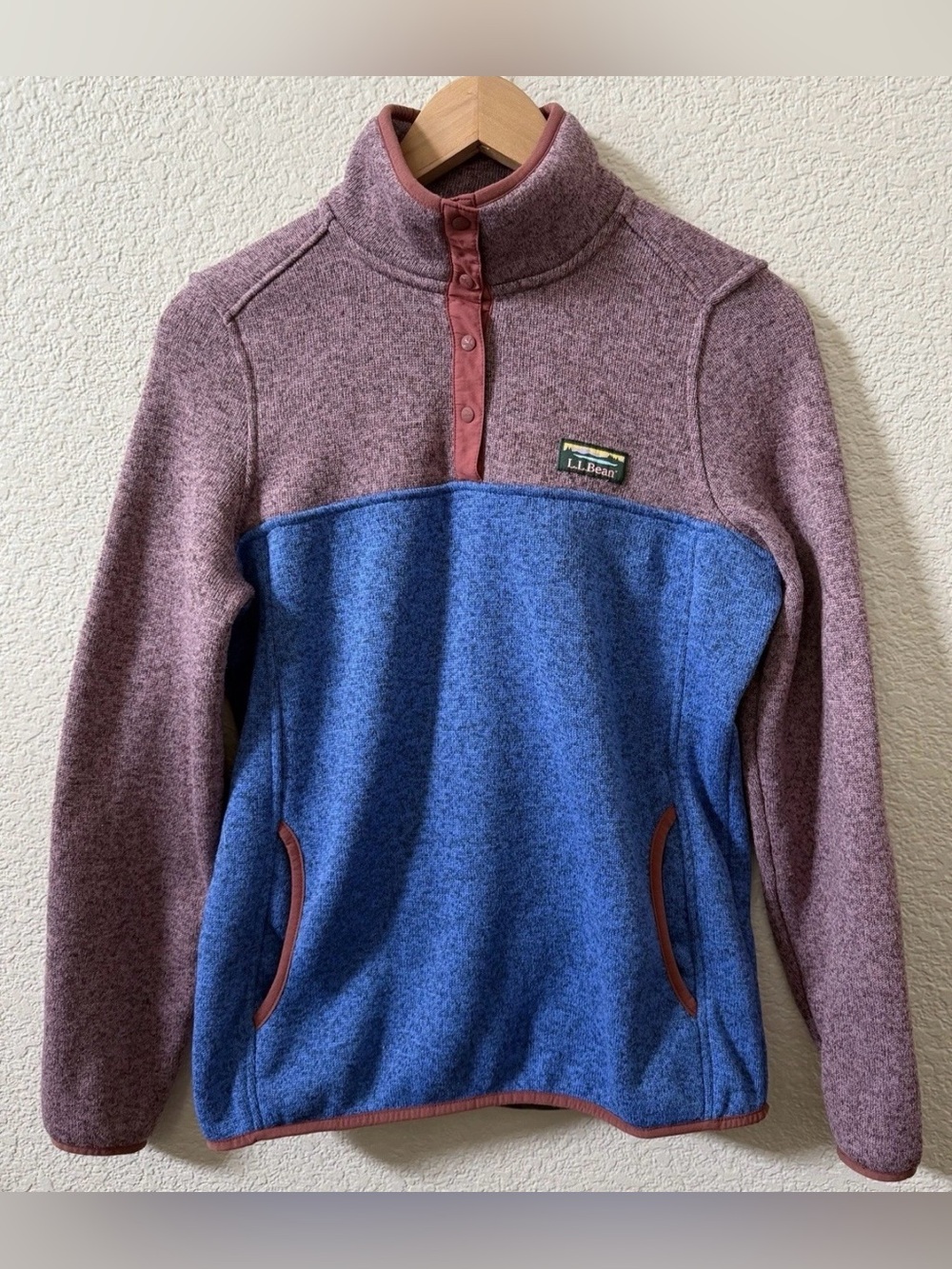 LL Bean Women’s Sz Small Sweater Fleece Pullover Colorblock Heather Blue/ Mauve